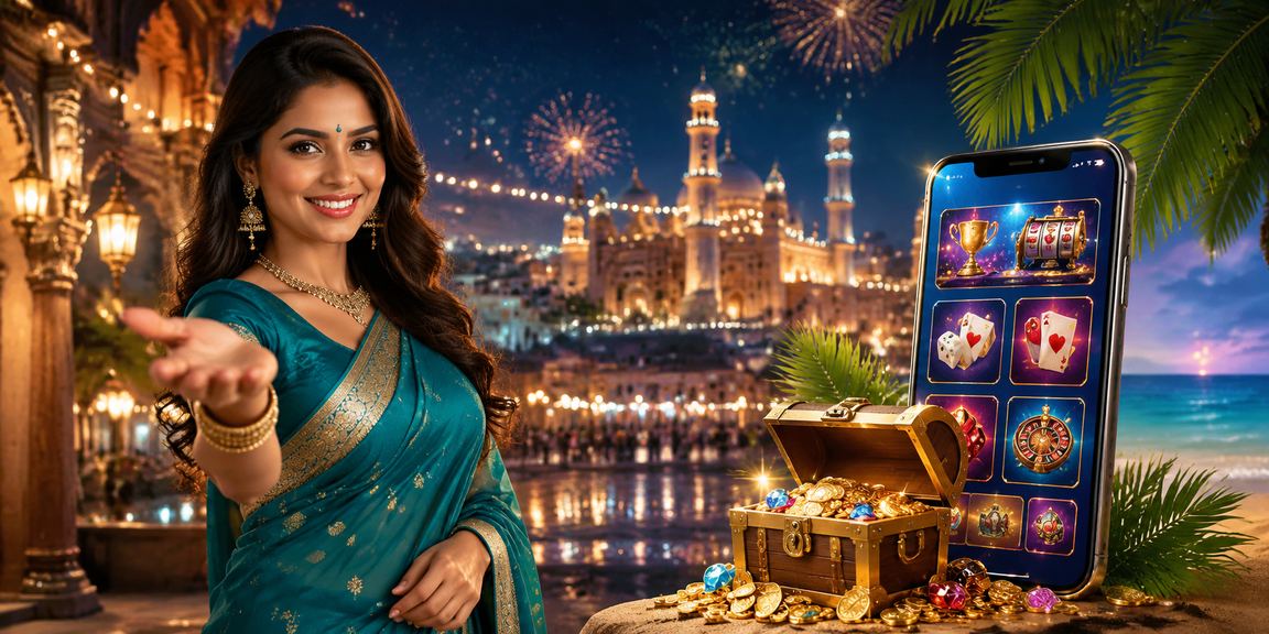 Woman using mobile app in casino-themed setting
